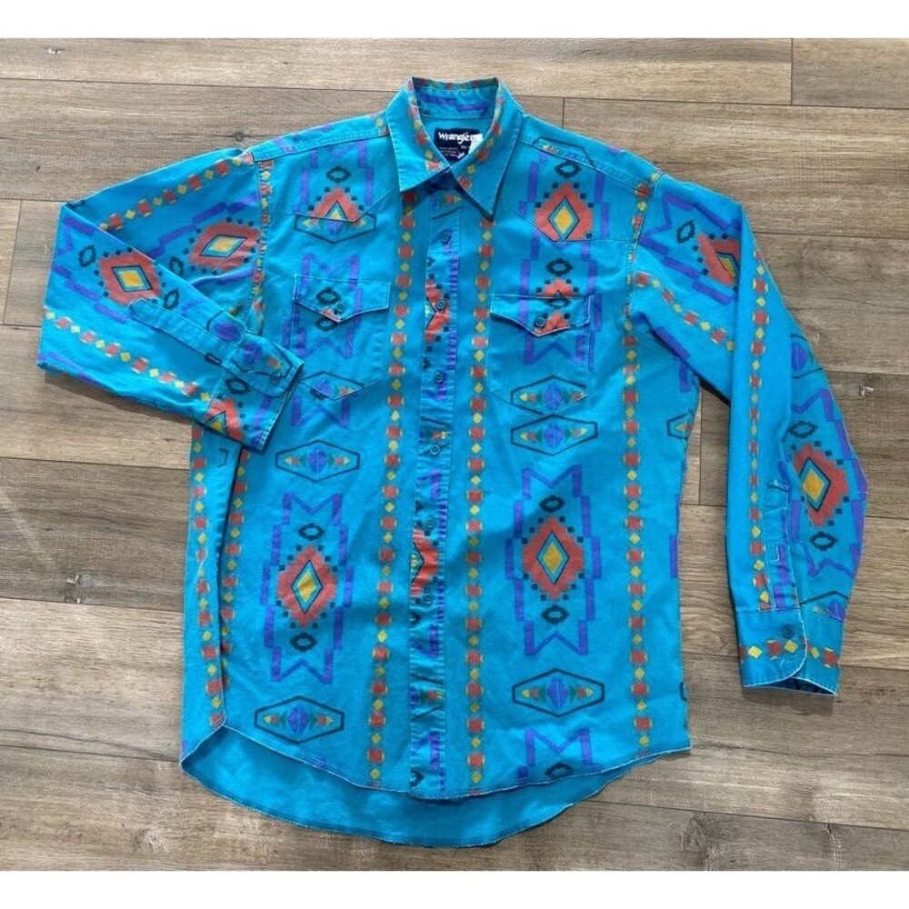 Vintage Wrangler Brushpopper Xlong Tails Mens L 16.5 - 34 Aztec Western Shirt